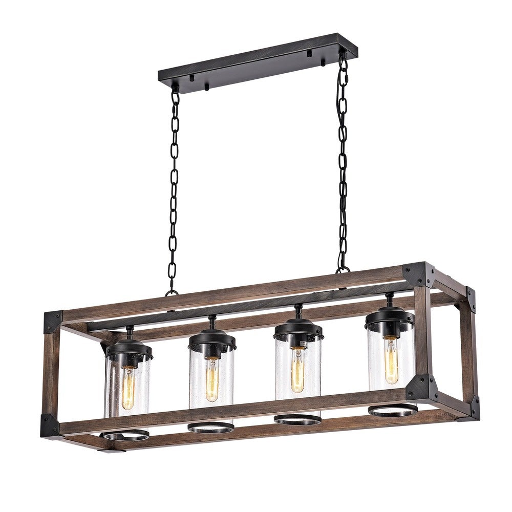 Daniela Chic Antique Black Metal and Wood Bubble Glass Cylinders Rectangular Pendant Chandelier FD-4671-NZF