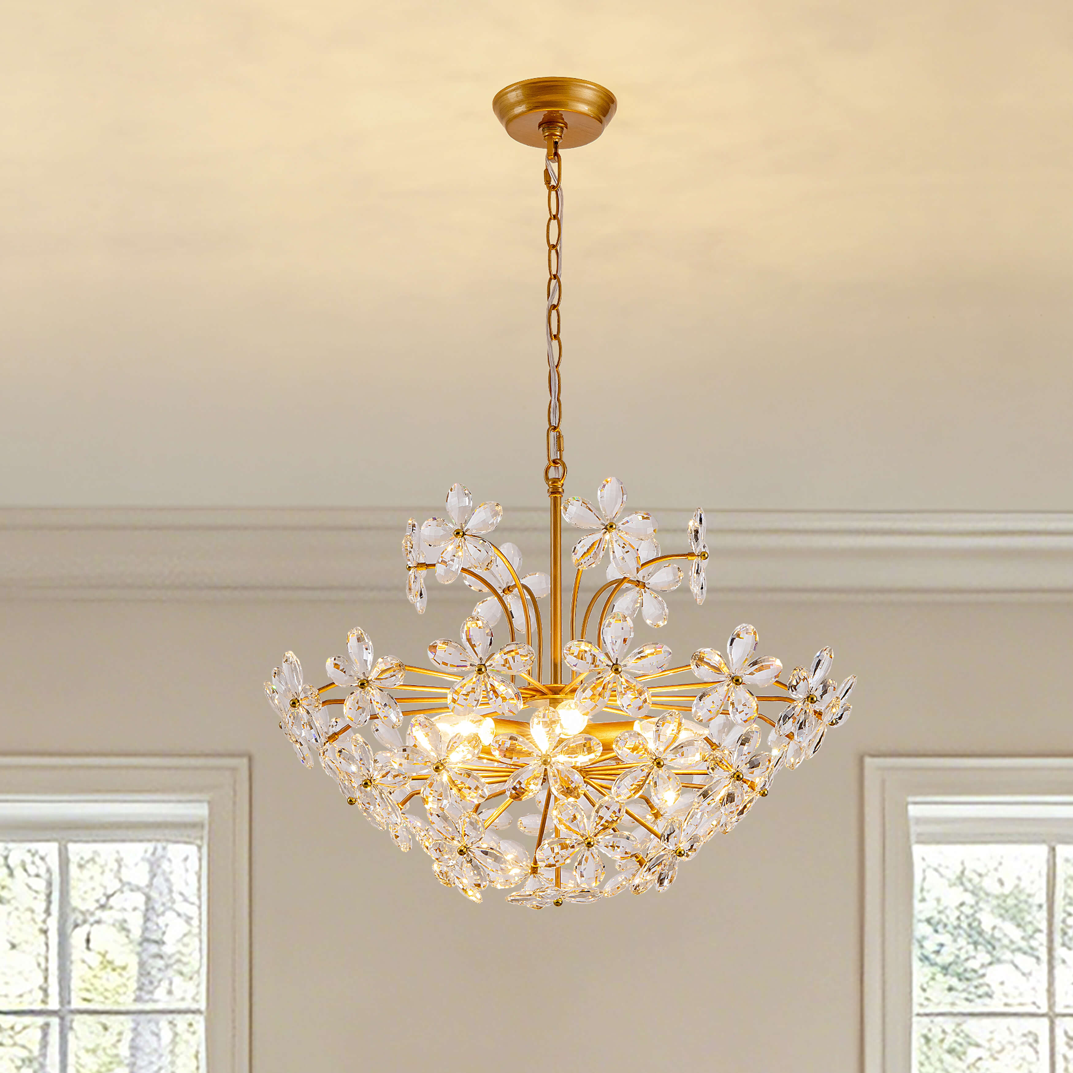 Rosa Modern 6-Light Daisy Glam Clear Crystals Large Size Chandelier - Low-gloss Brushed Brass Finish FD-4775-XNCX Rosa Modern 6-Light Daisy Glam Clear Crystals Large Size Chandelier - Low-gloss Brushed Brass Finish FD-4775-XNCX