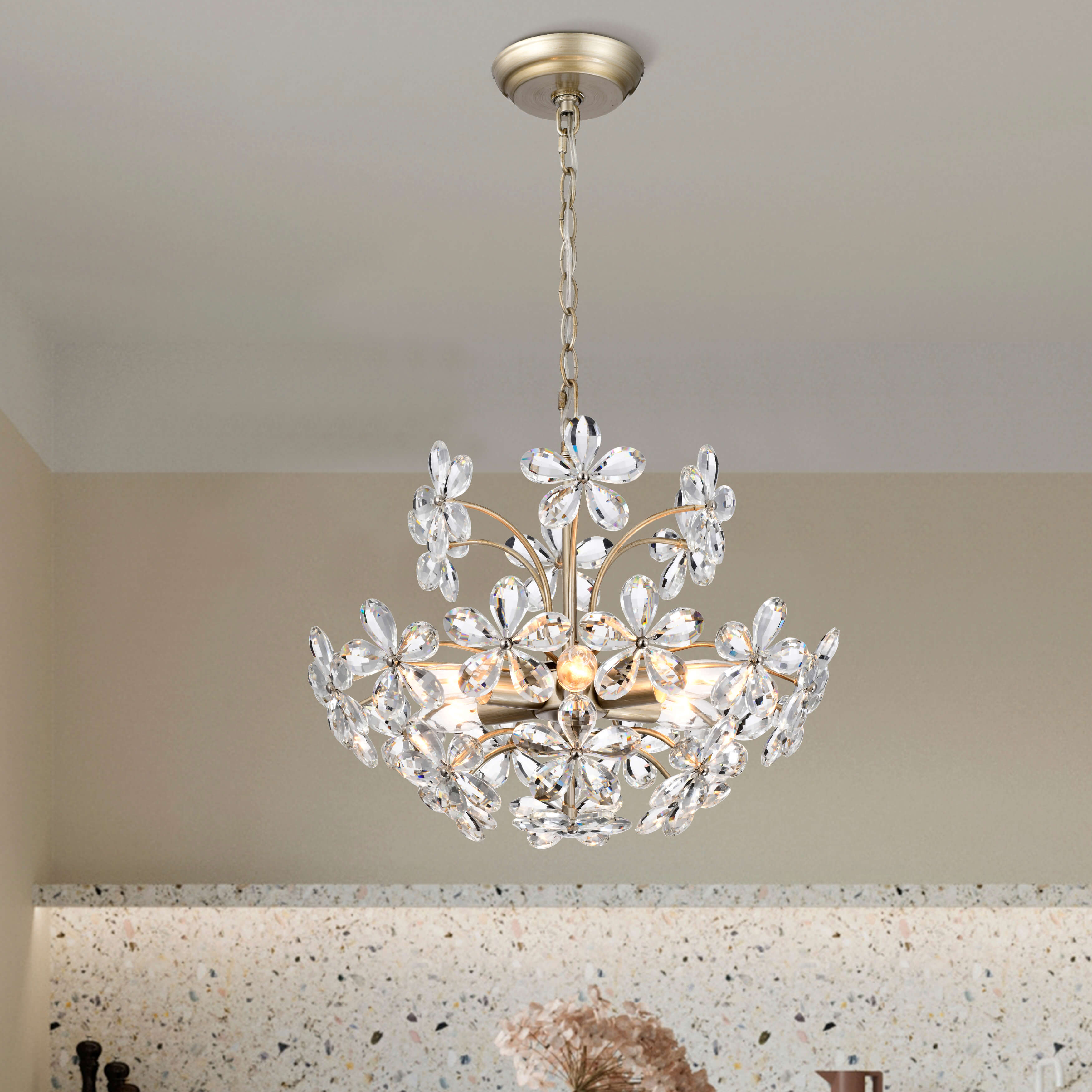 Rosa 6-Light Brushed Silver-ish Champagne Flower Crystal Chandelier FD-4981-KGS