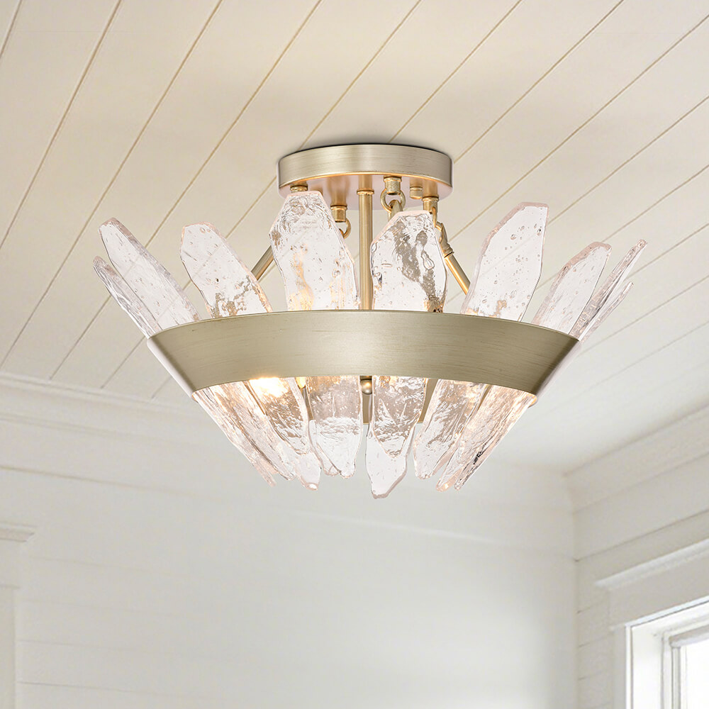 Daisy 3-Light 19.1" Modern Seeded Glass Panel Flush Mount Flush Mount - Brushed Silver-ish Champagne FD-5101-CXYF Daisy 3-Light 19.1" Modern Seeded Glass Panel Flush Mount Flush Mount - Brushed Silver-ish Champagne FD-5101-CXYF