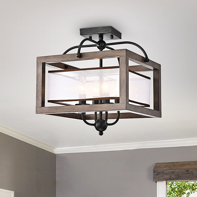 Alina Antique Black Metal Natural Wood Flush Mount with Fabric Shade FD-5319-RNV