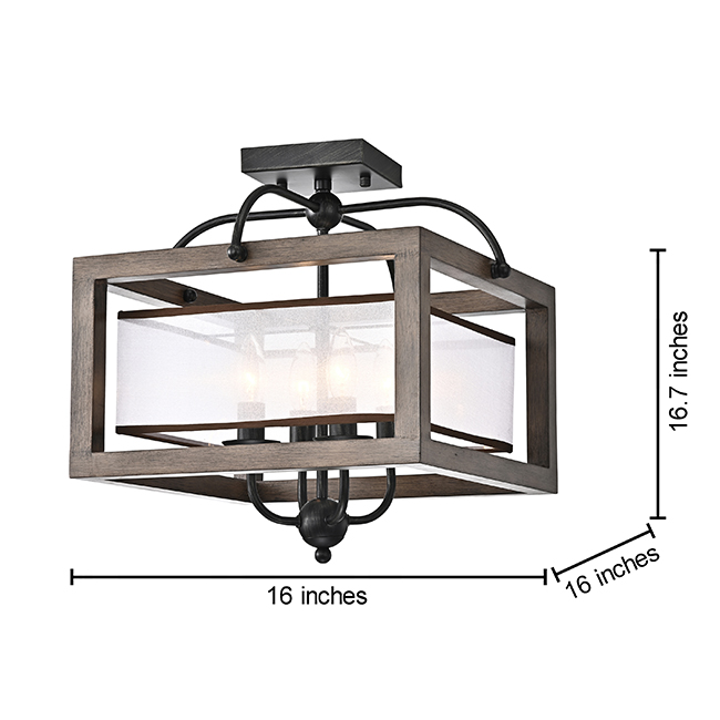 Alina Antique Black Metal Natural Wood Flush Mount with Fabric Shade FD-5319-RNV