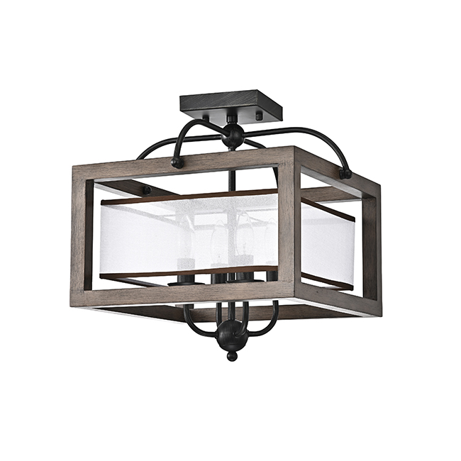 Alina Antique Black Metal Natural Wood Flush Mount with Fabric Shade FD-5319-RNV
