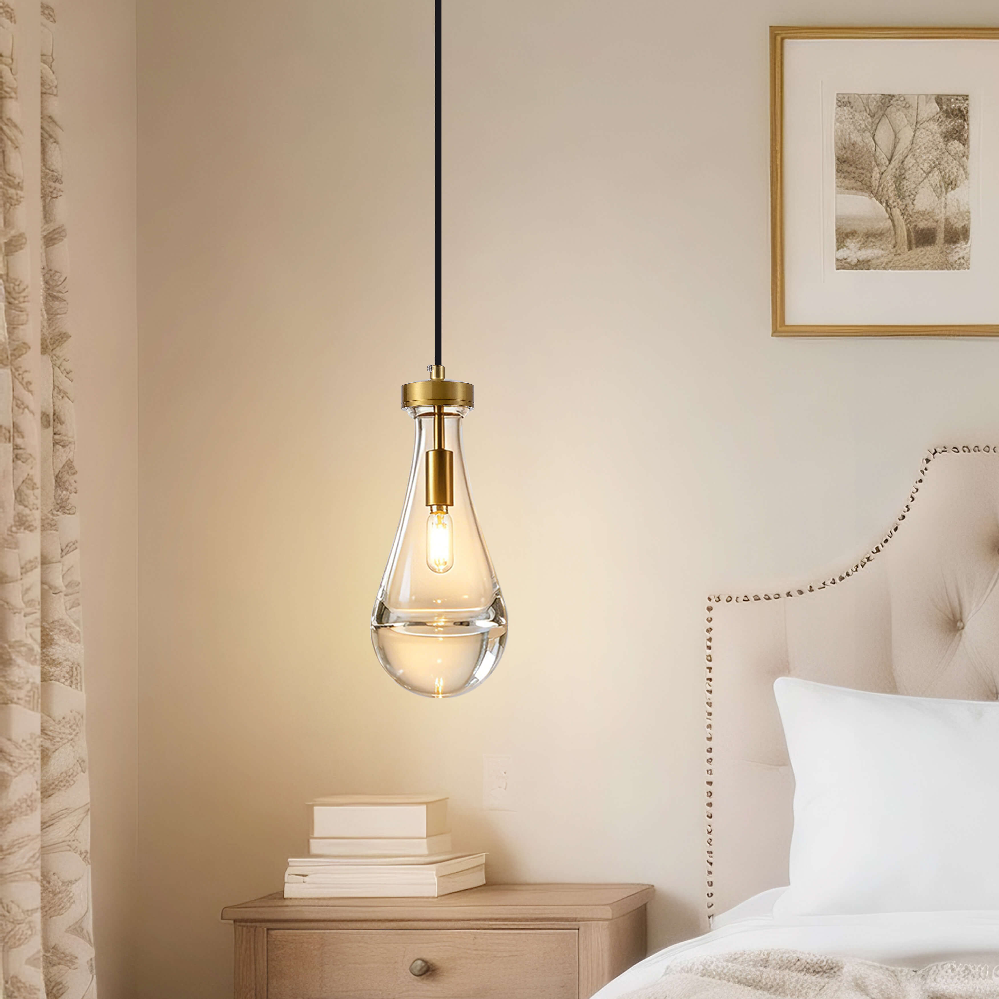 Nora 1 Light 5" Brushed Shiny Brass Clear Raindrop Glass Shade Pendant Chandelier FD-5440-XALW Nora 1 Light 5" Brushed Shiny Brass Clear Raindrop Glass Shade Pendant Chandelier FD-5440-XALW