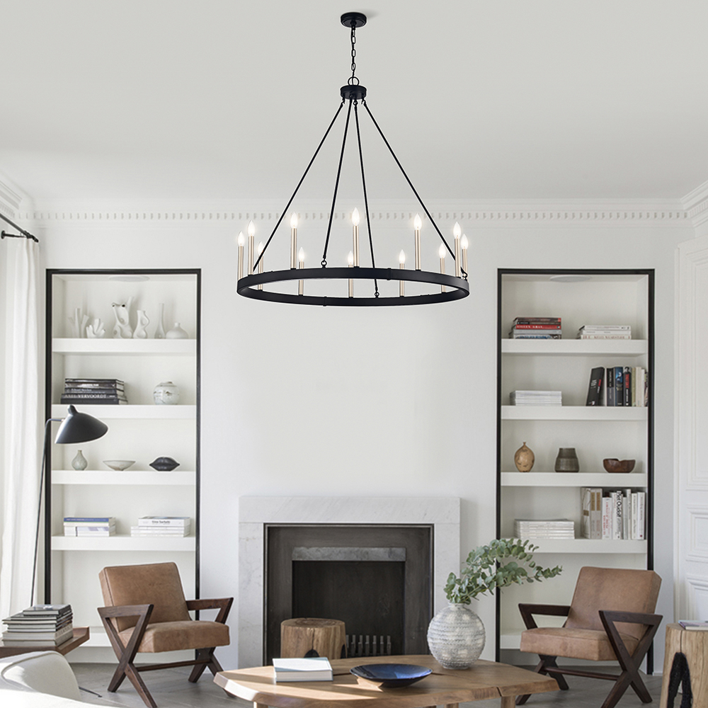 Eva 12-light Antique Black and Light Brass Finish Wheel Chandelier