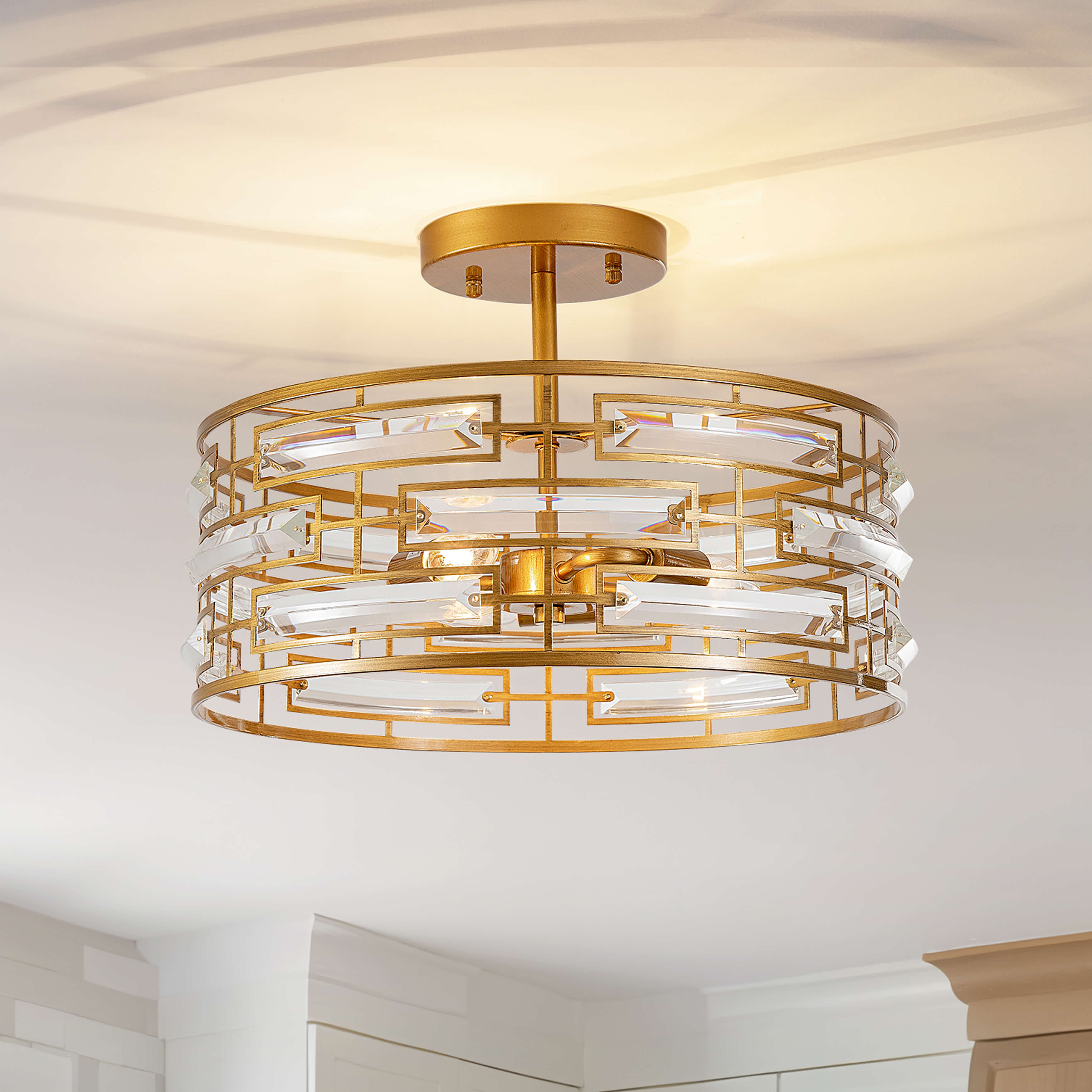 Anita 3-Light Drum Shade Clear Glass Prism Flush Mount - Low-gloss Brushed Brass Finish FD-5823-BFUM