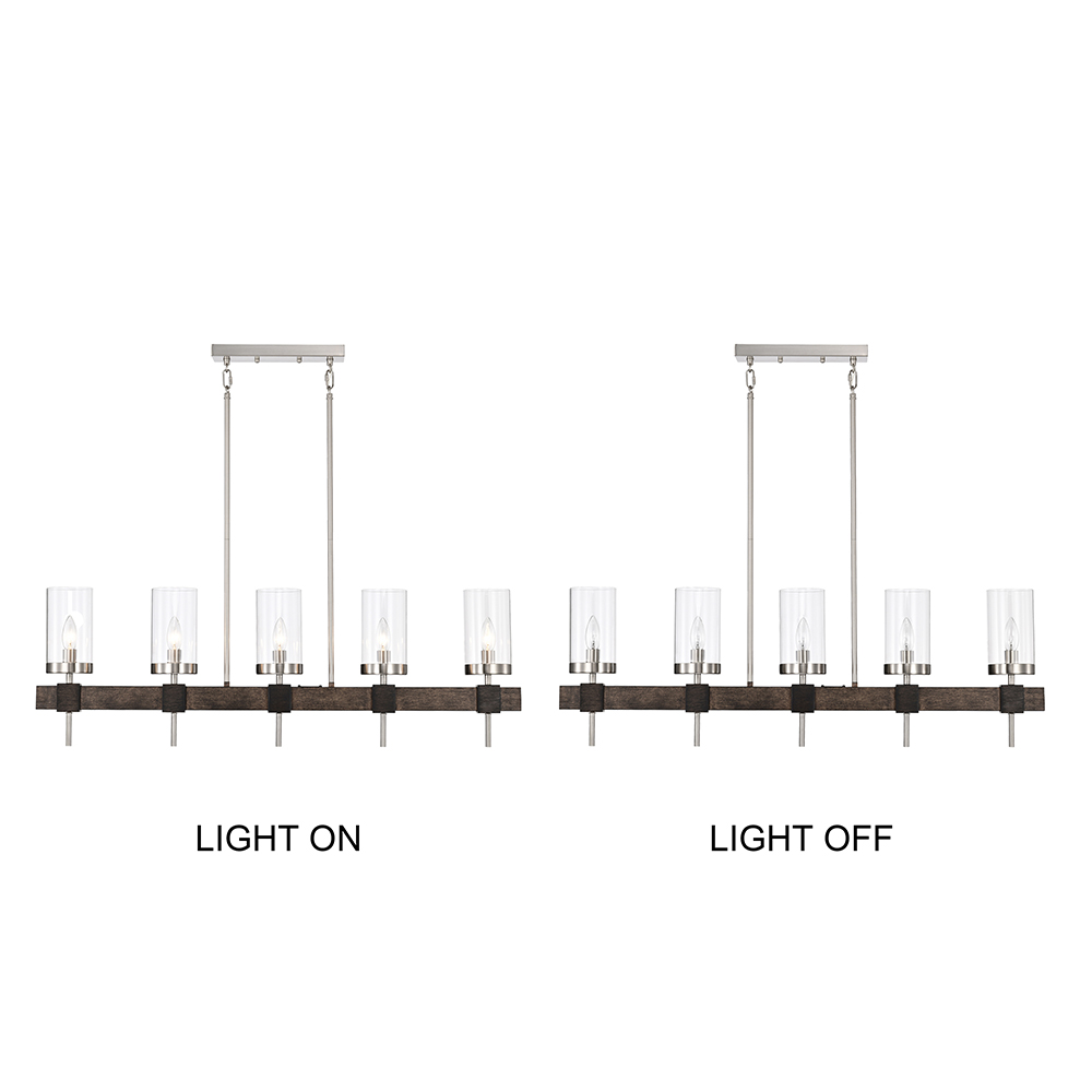 Bella 5-Light Satin Nickel and Faux Wood Finish Glass Chandelier
