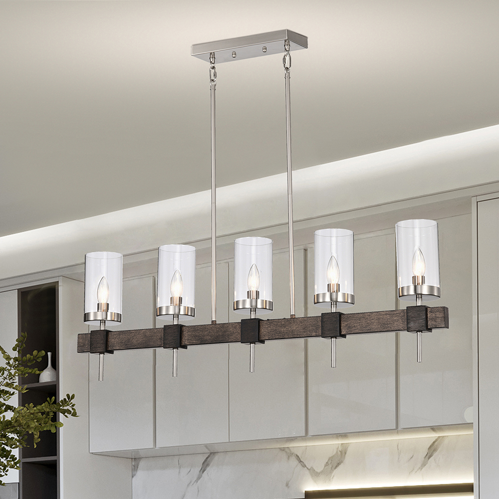Bella 5-Light Satin Nickel and Faux Wood Finish Glass Chandelier