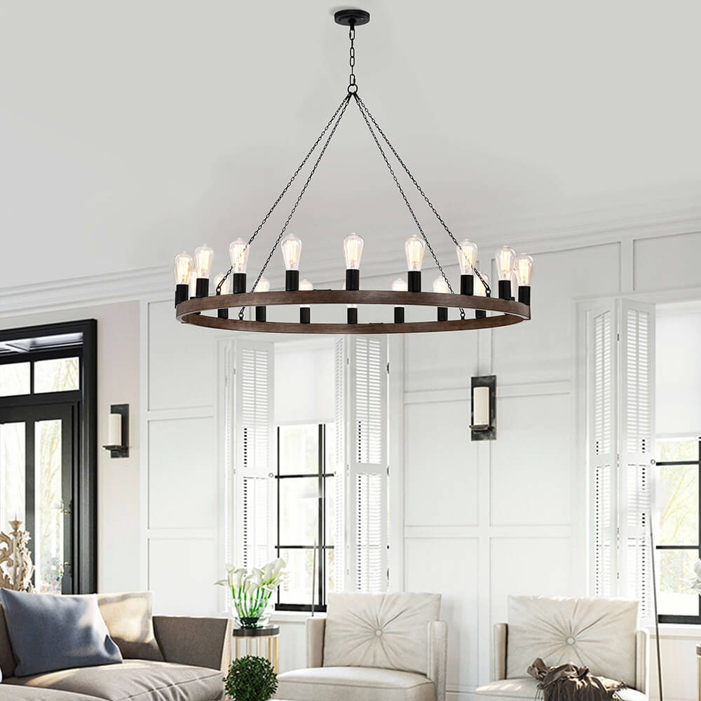 Eva 20-light Antique Black and Faux Wood Metal Round Chandelier FD-6507-QLV