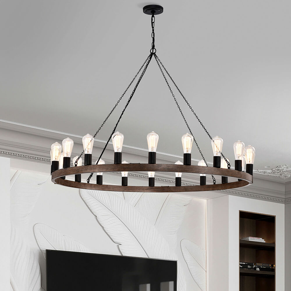 Viviana 20-light Antique Black and Faux Wood Metal Round Chandelier FD-6507-QLV