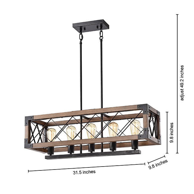 Aurora Antique Black Rectangular Metal and Natural Wood Chandelier FD-6997-QNN