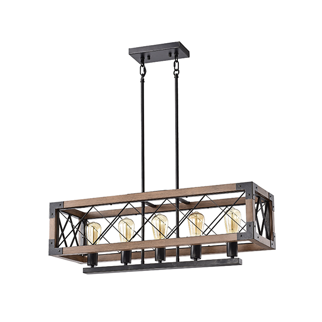 Aurora Antique Black Rectangular Metal and Natural Wood Chandelier FD-6997-QNN