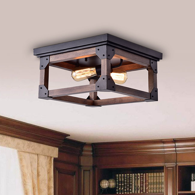 Larissa Black Wood Industrial Square 2-Light Flush-mount Fixture FD-7075-DUX