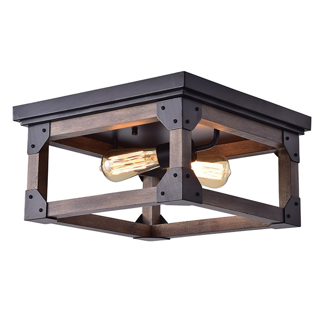 Larissa Black Wood Industrial Square 2-Light Flush-mount Fixture FD-7075-DUX