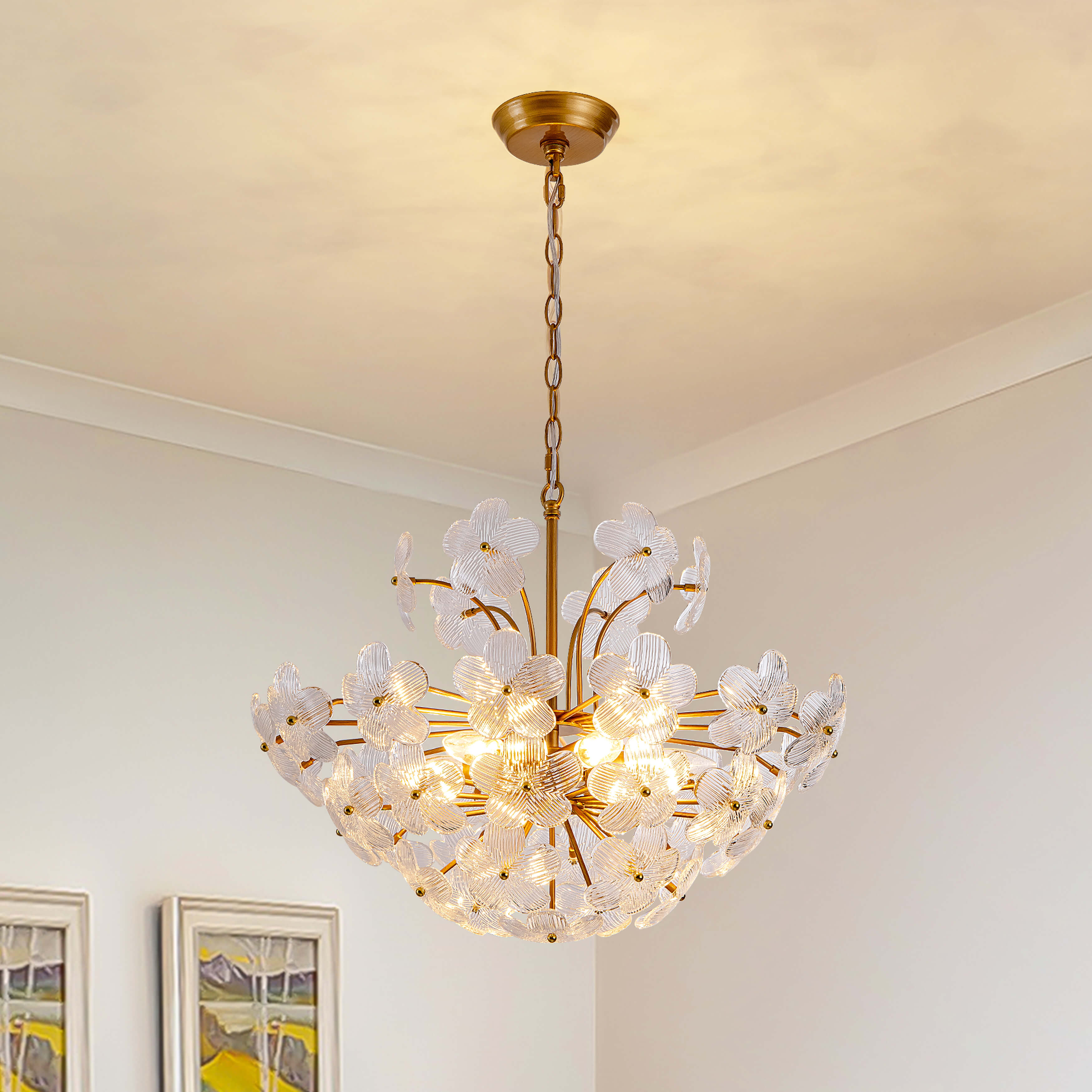 Rosa Modern 6-Light 22.4" Glam Ribbed Glass Flower Chandelier - Low-gloss Brushed Brass Finish FD-7221-QVJK Rosa Modern 6-Light 22.4" Glam Ribbed Glass Flower Chandelier - Low-gloss Brushed Brass Finish FD-7221-QVJK