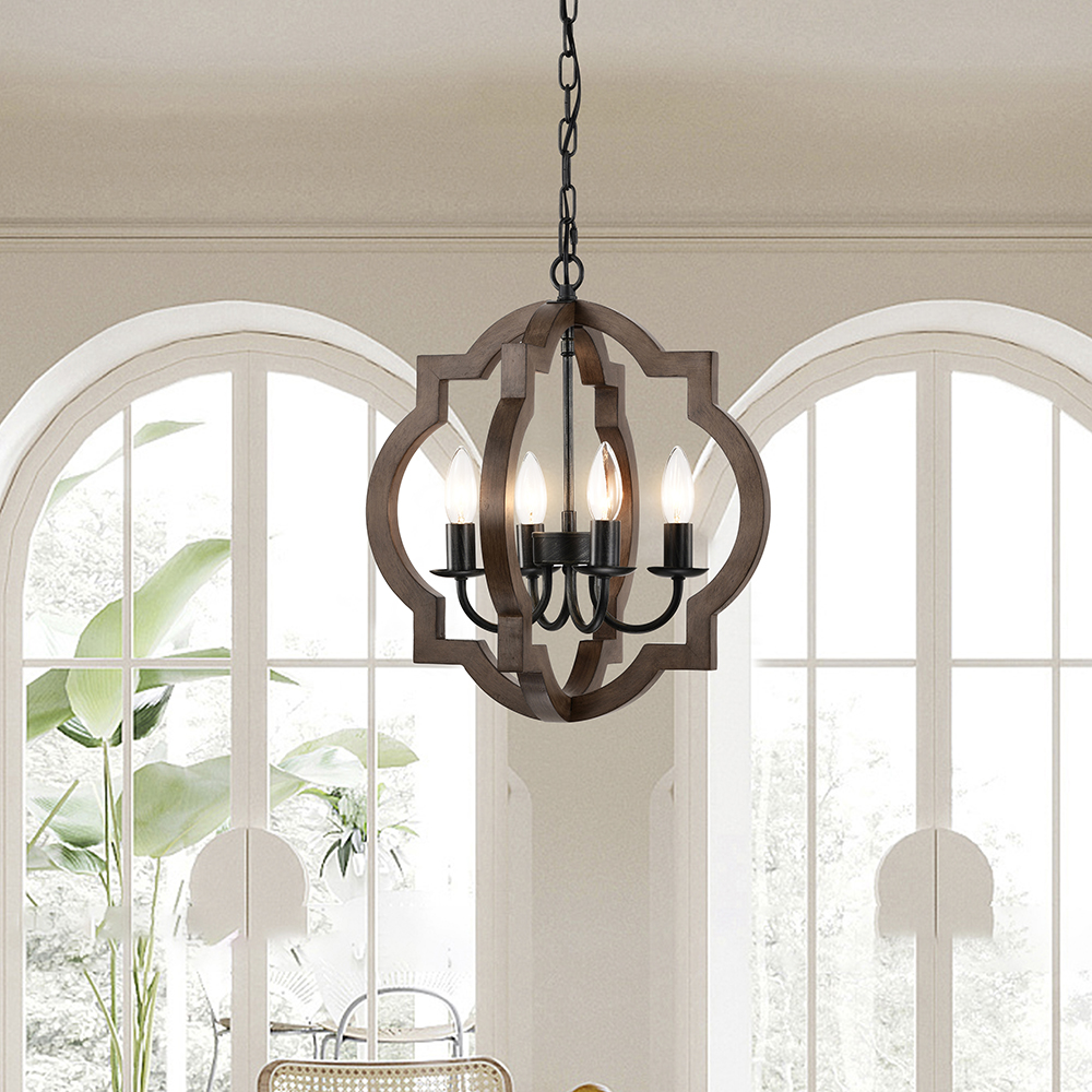 Adoncia 4-light Antique Black Metal and Brown Natural Wood Chandelier FD-7301-XNH