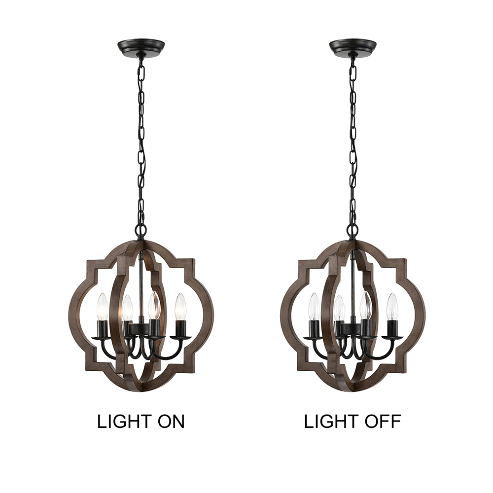 Adoncia 4-light Antique Black Metal and Brown Natural Wood Chandelier FD-7301-XNH