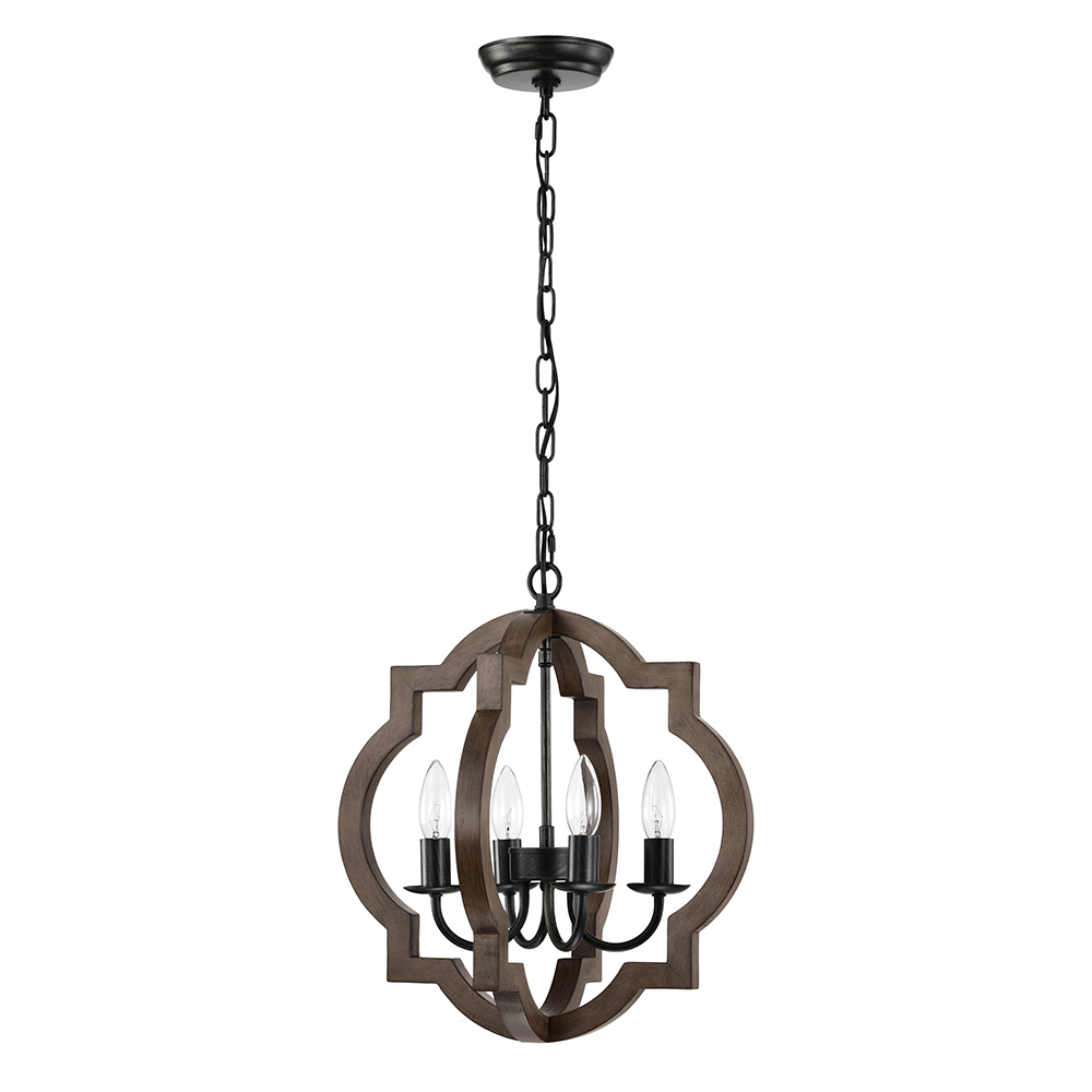 Adoncia 4-light Antique Black Metal and Brown Natural Wood Chandelier FD-7301-XNH