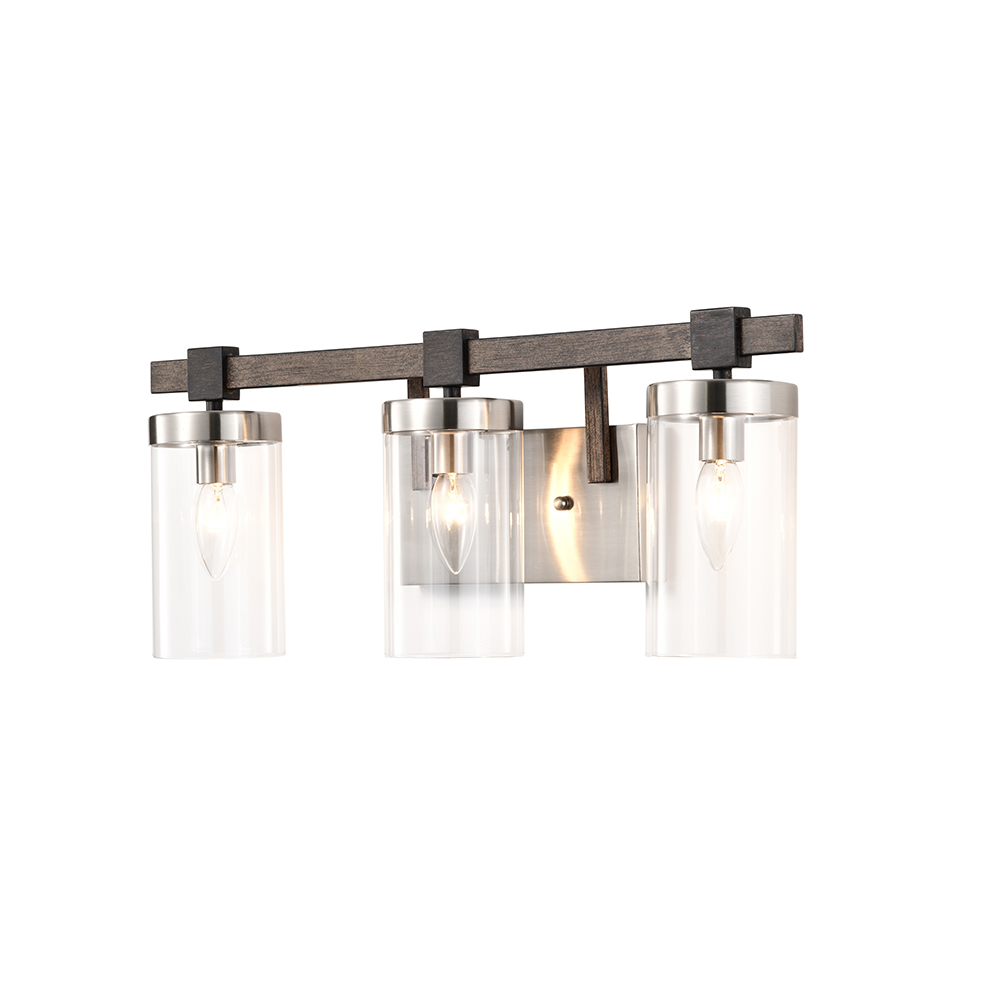 Bella 3-Light Satin Nickel and Faux Wood Finish Glass Wall Sconce