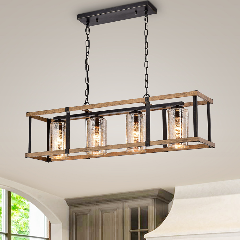 Corina Faux Wood Grain and Antique Black Glass Linear Chandelier FD-7873-YVE