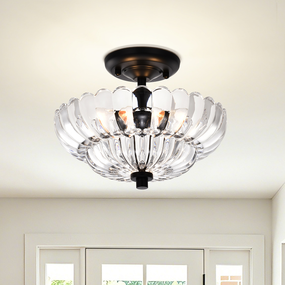 Chloe Modern 3-Light Black Semi Flush Mount-Clear Textured Glass Bowl Shade FD-8008-WZNK Chloe Modern 3-Light Black Semi Flush Mount-Clear Textured Glass Bowl Shade FD-8008-WZNK
