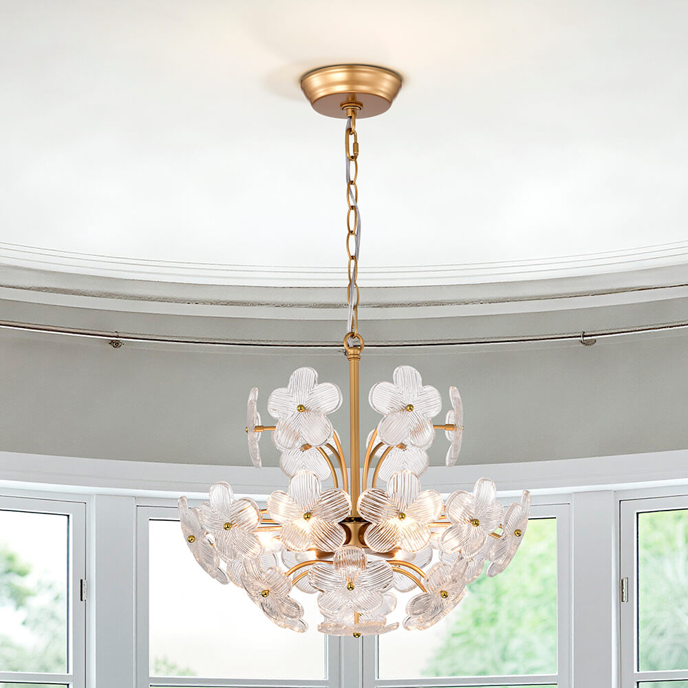 Rosa Modern 6-Light 17.7" Glam Clear Glass Flower Chandelier - Glossy Brass FD-8433-CVBE