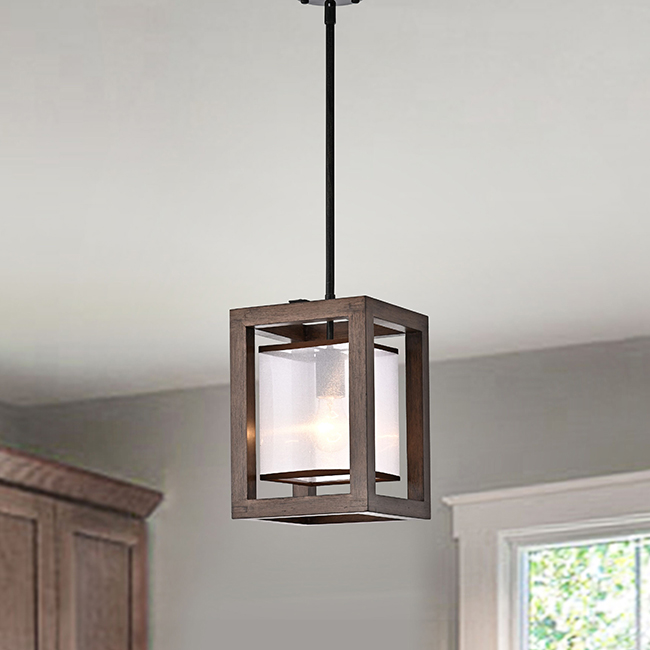 Alina 1 Light Antique Black Metal Natural Wood Fabric Shade Pendant FD-8545-NQT