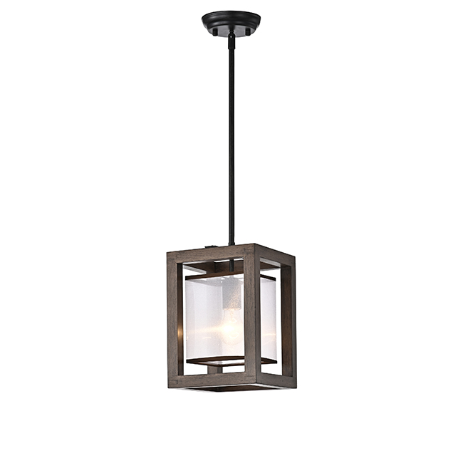 Alina 1 Light Antique Black Metal Natural Wood Fabric Shade Pendant FD-8545-NQT