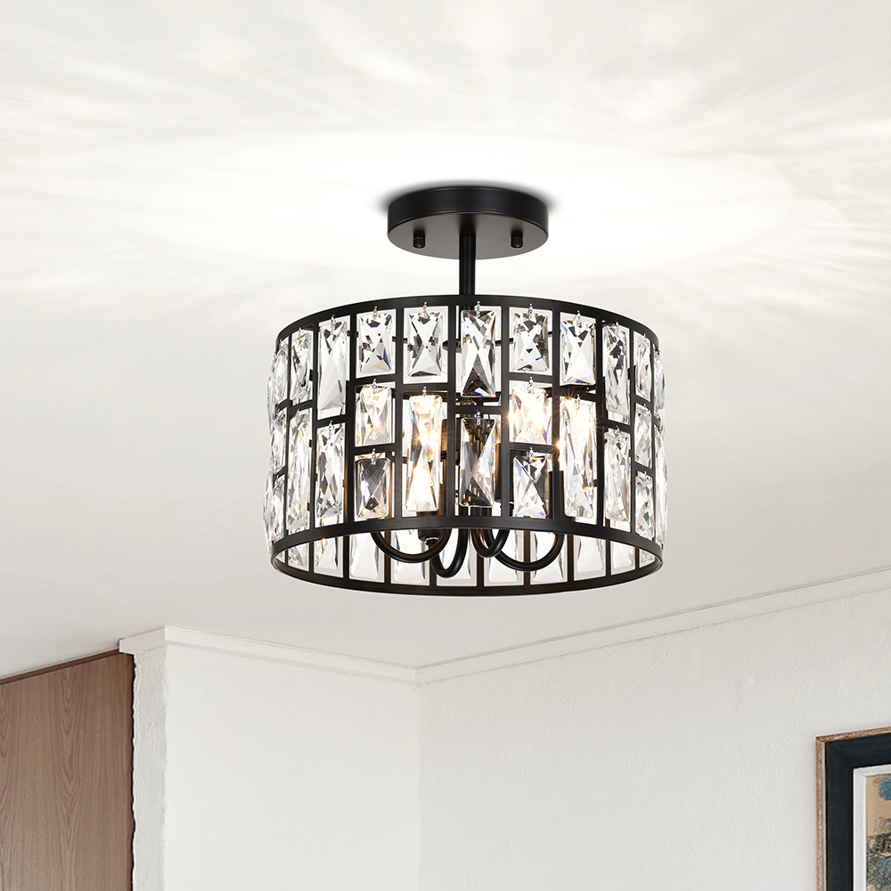 Justina 4-light Black Crystal Glass Prism Round Drum Shade Flush Mount FD-8719-SAT