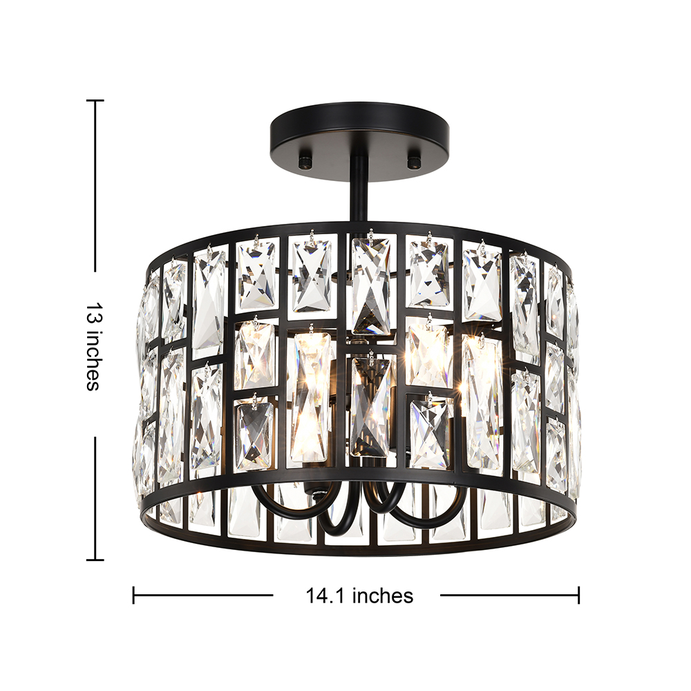 Justina 4-light Black Crystal Glass Prism Round Drum Shade Flush Mount FD-8719-SAT