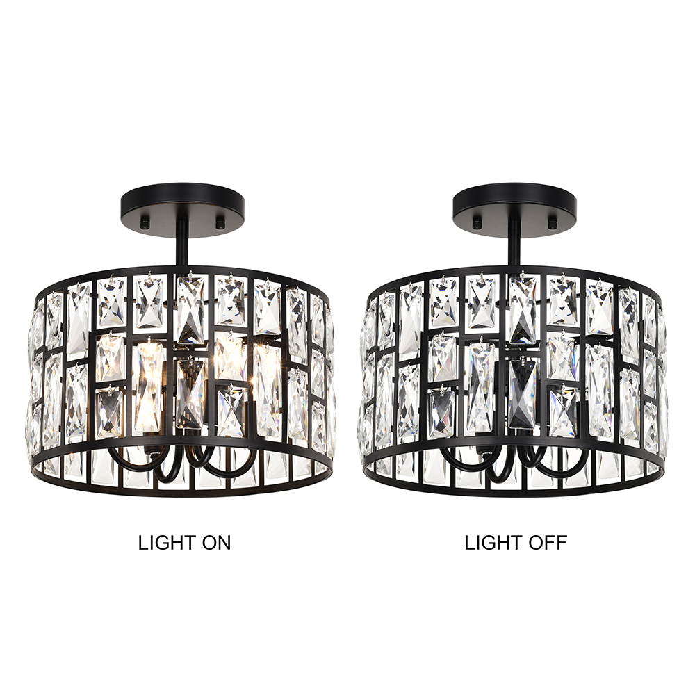 Justina 4-light Black Crystal Glass Prism Round Drum Shade Flush Mount FD-8719-SAT