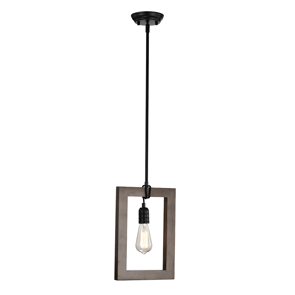 Daniela 1 Light Antique Black Metal and Natural Wood Cage Chandelier