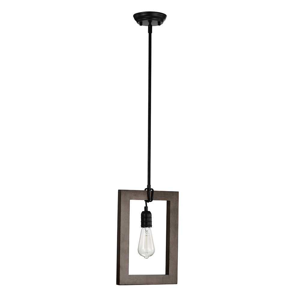 Daniela 1 Light Antique Black Metal and Natural Wood Cage Chandelier