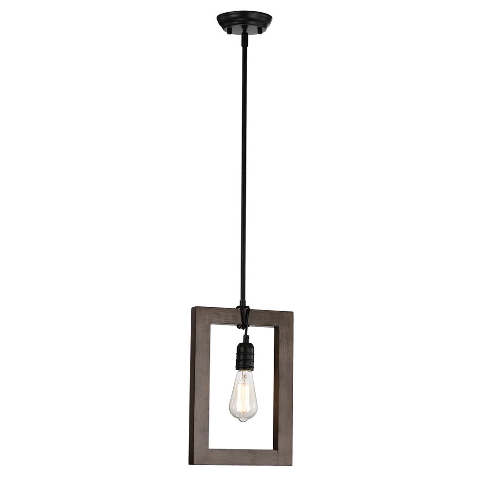 Daniela 1 Light Antique Black Metal and Natural Wood Cage Chandelier