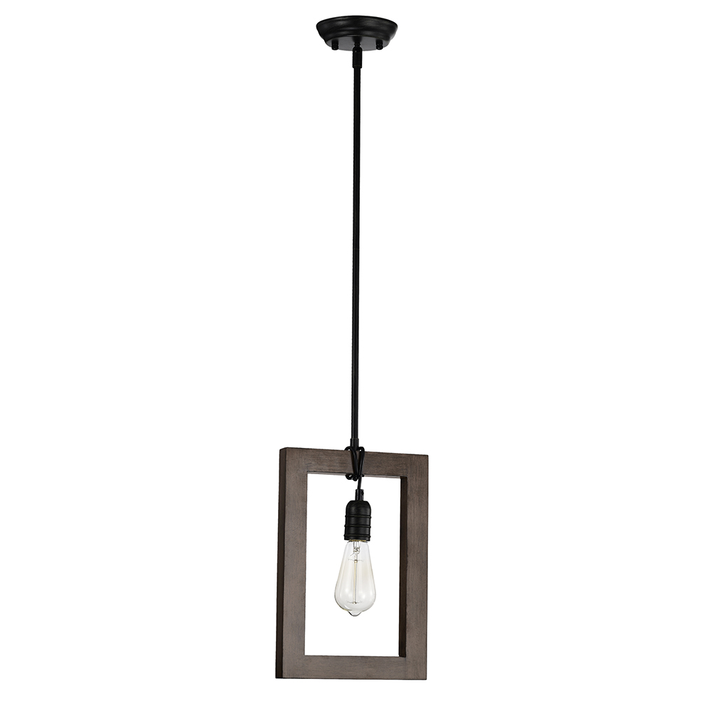 Daniela 1 Light Antique Black Metal and Natural Wood Cage Chandelier