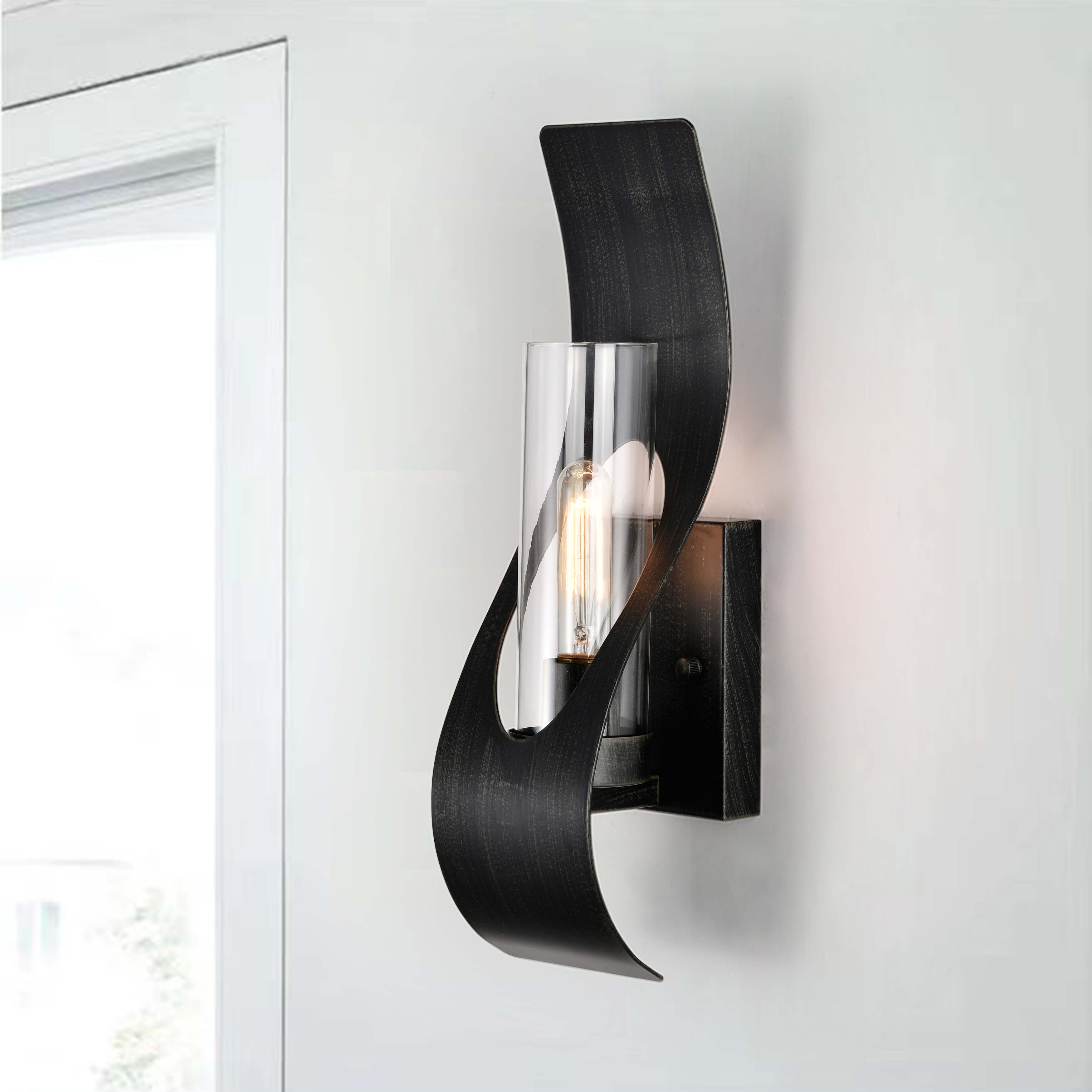 Anastasia Antique Black 1 light Curved Frame Clear Glass Wall Sconce FD-9302-DBD
