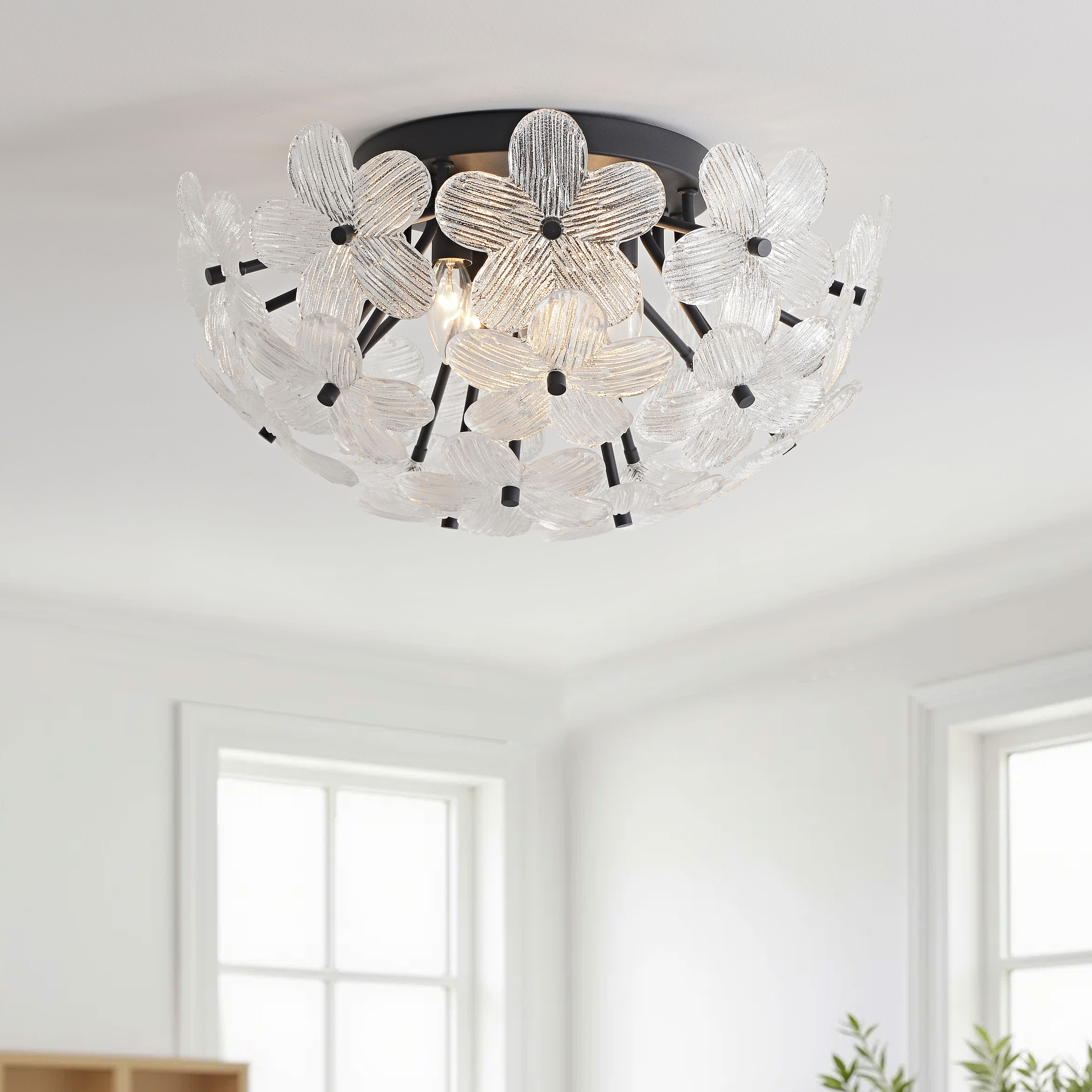 Frieda Modern 5-Light 20" Clear Glass Flower Flush Mount - Black LJ-0493-LNRV Frieda Modern 5-Light 20" Clear Glass Flower Flush Mount - Black LJ-0493-LNRV
