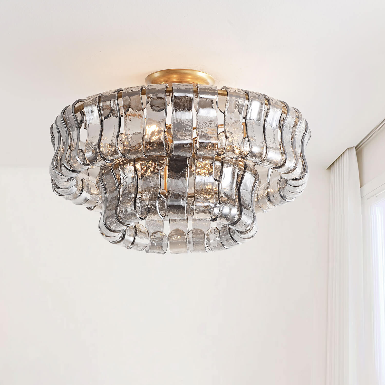 Jamie 6-Light 18" 2-Tier Brushed Brass Round Flush Mount-Smoke Gray Glass LJ-1131-XMQZ Jamie 6-Light 18" 2-Tier Brushed Brass Round Flush Mount-Smoke Gray Glass LJ-1131-XMQZ