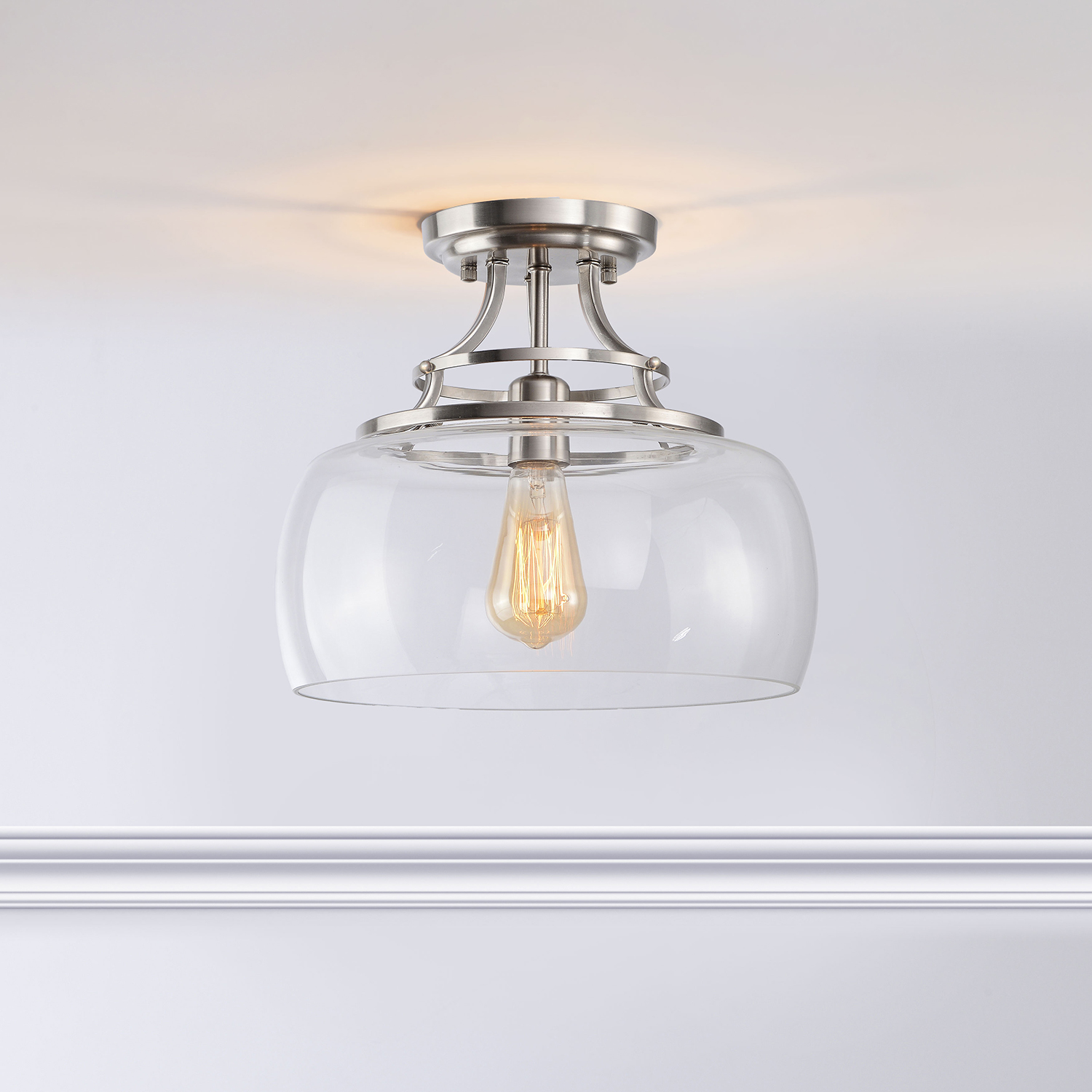 Luna 13.2" Mouth-blown Round Clear Glass Semi Flush Mount - Antique Nickel LJ-1322-SXN