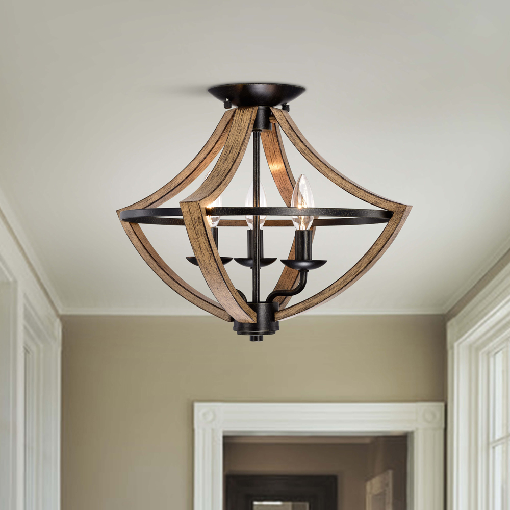 Melisa Faux Wood Grain and Antique Black Metal Semi Flush Mount LJ-1546-JFD