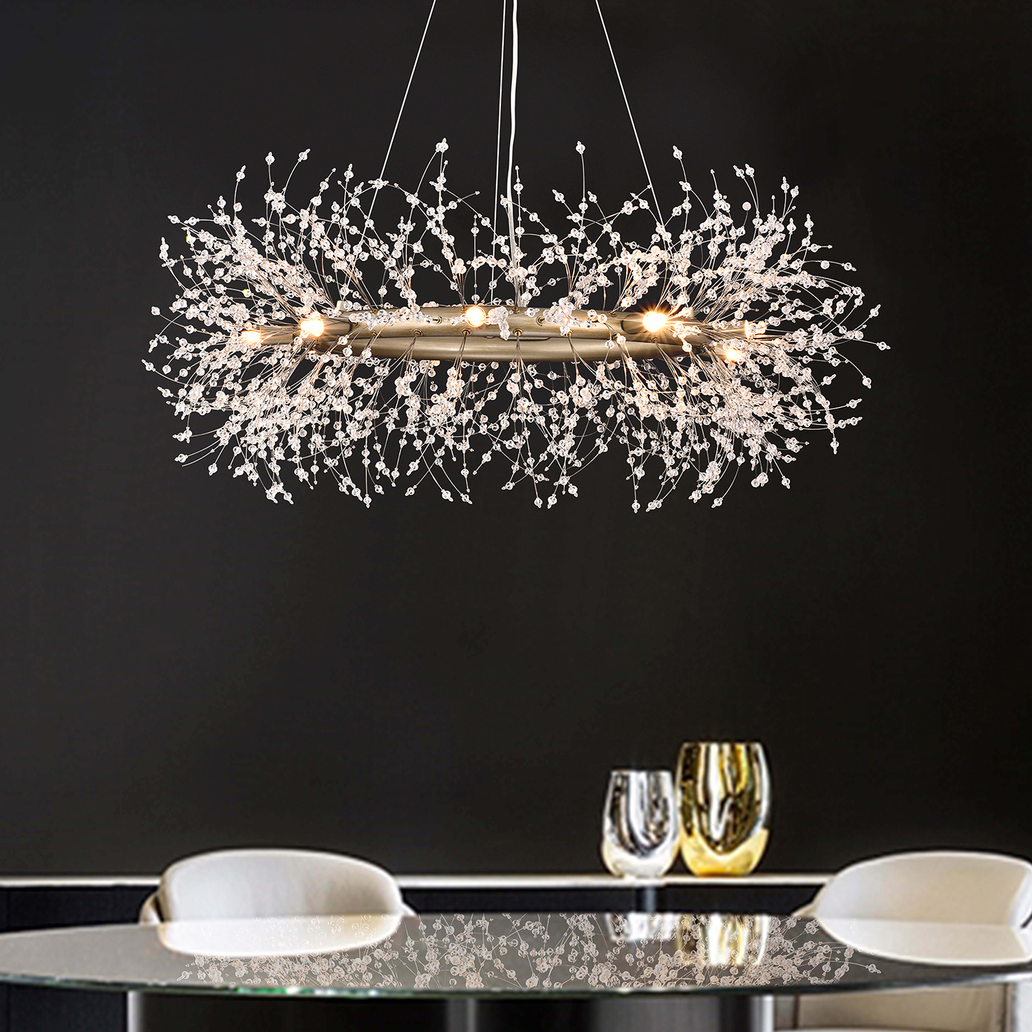 Liria 9-Light Brushed Silver-ish Champagne Beads Firework Chandelier LJ-2249-TSX