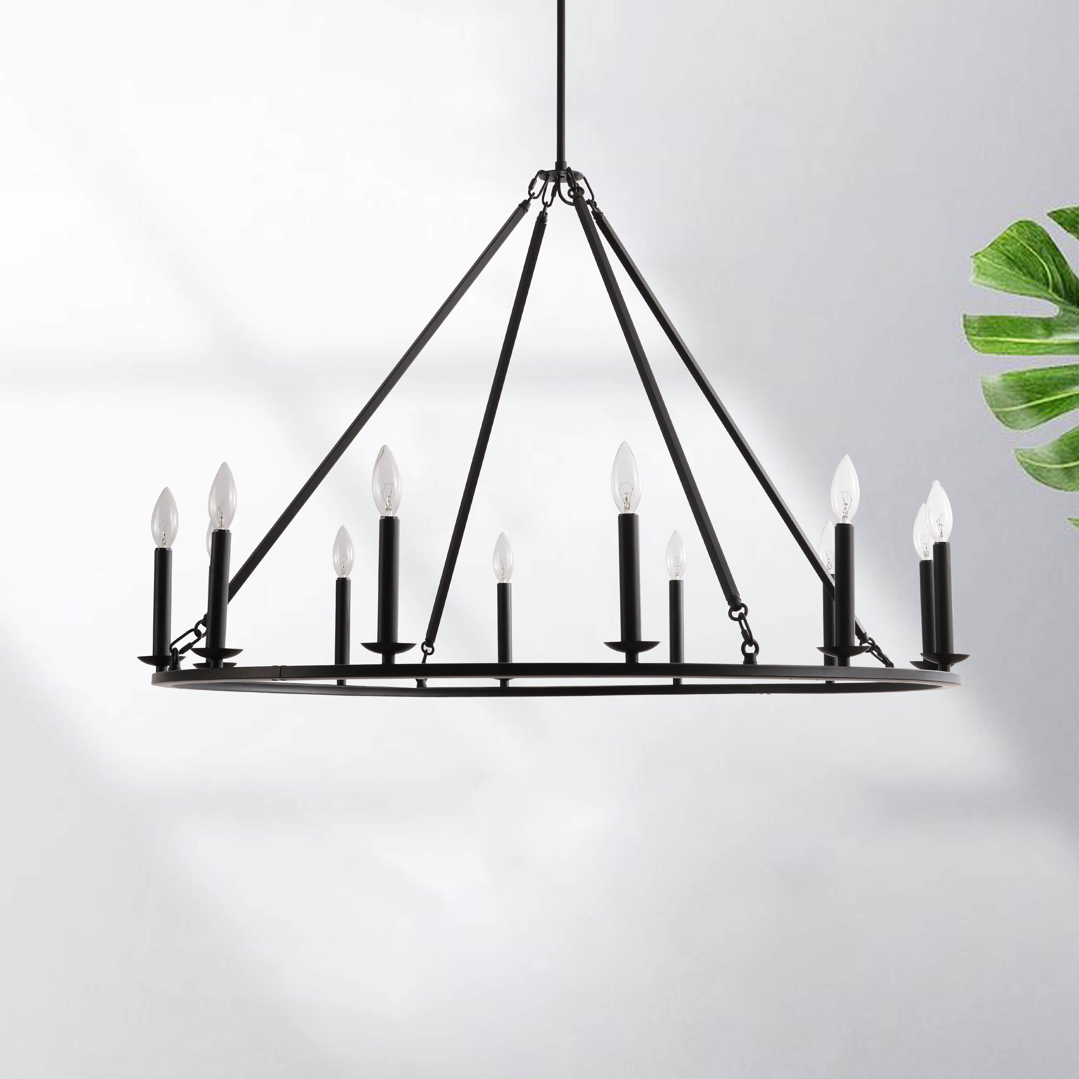 Eva 12-Light Antique Black Finish Metal Wagon Wheel Round Chandelier LJ-2347-WST