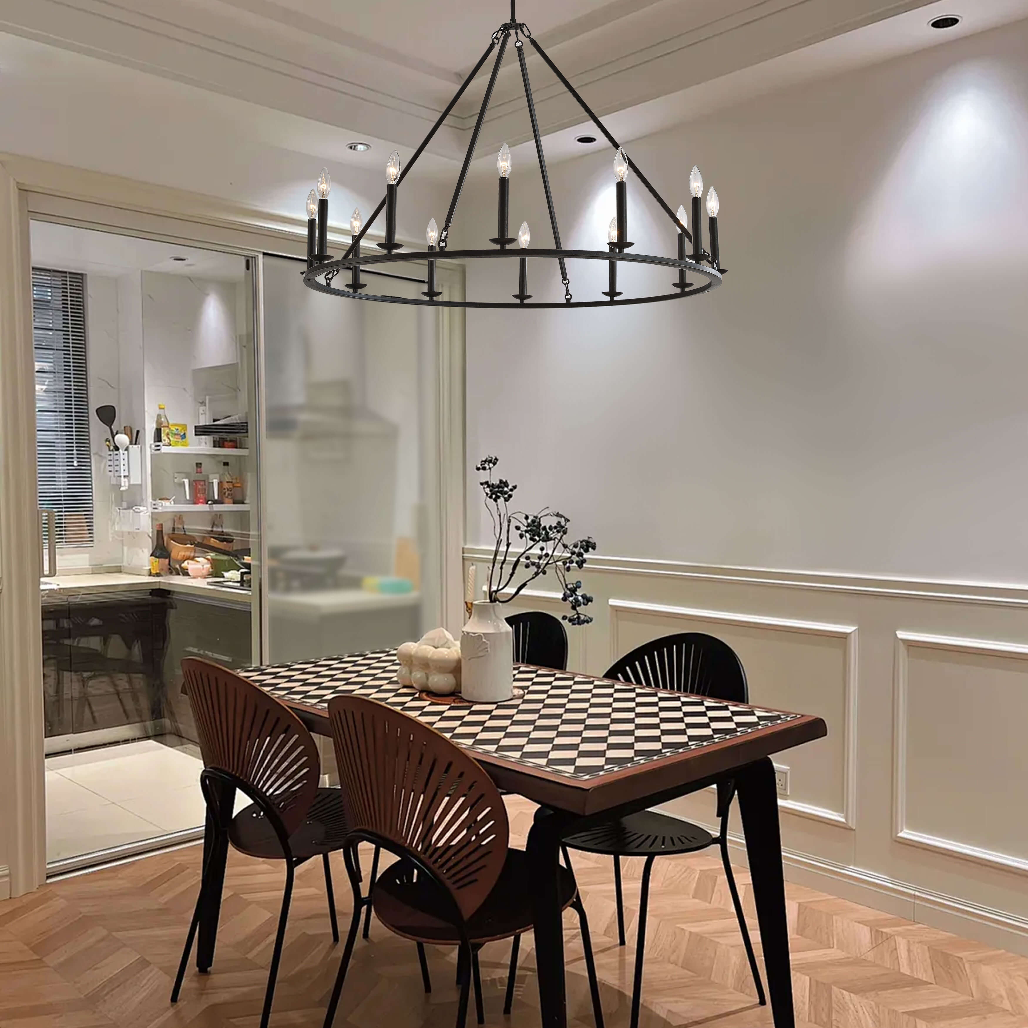 Eva 12-Light Antique Black Finish Metal Wagon Wheel Round Chandelier LJ-2347-WST
