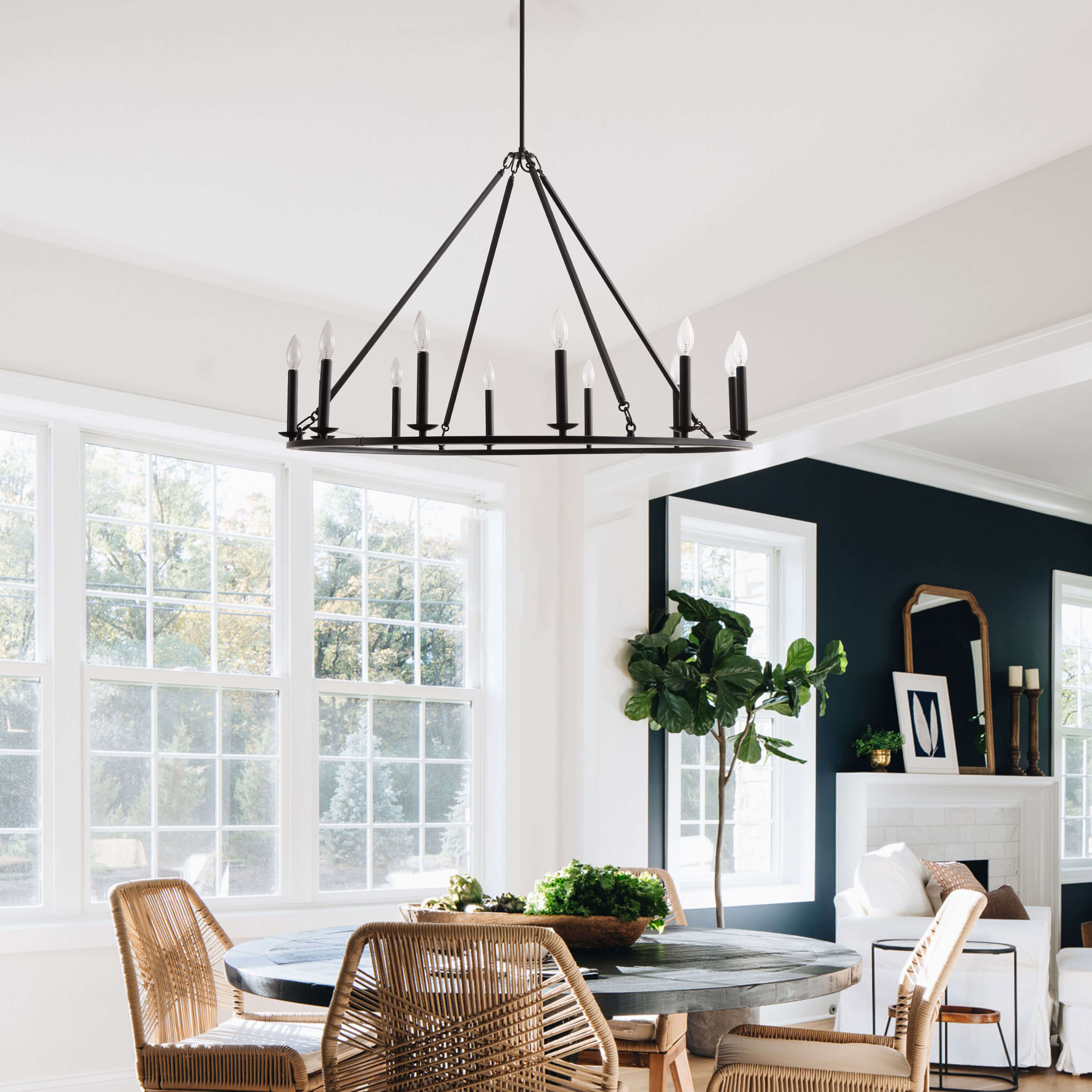 Eva 12-Light Antique Black Finish Metal Wagon Wheel Round Chandelier LJ-2347-WST