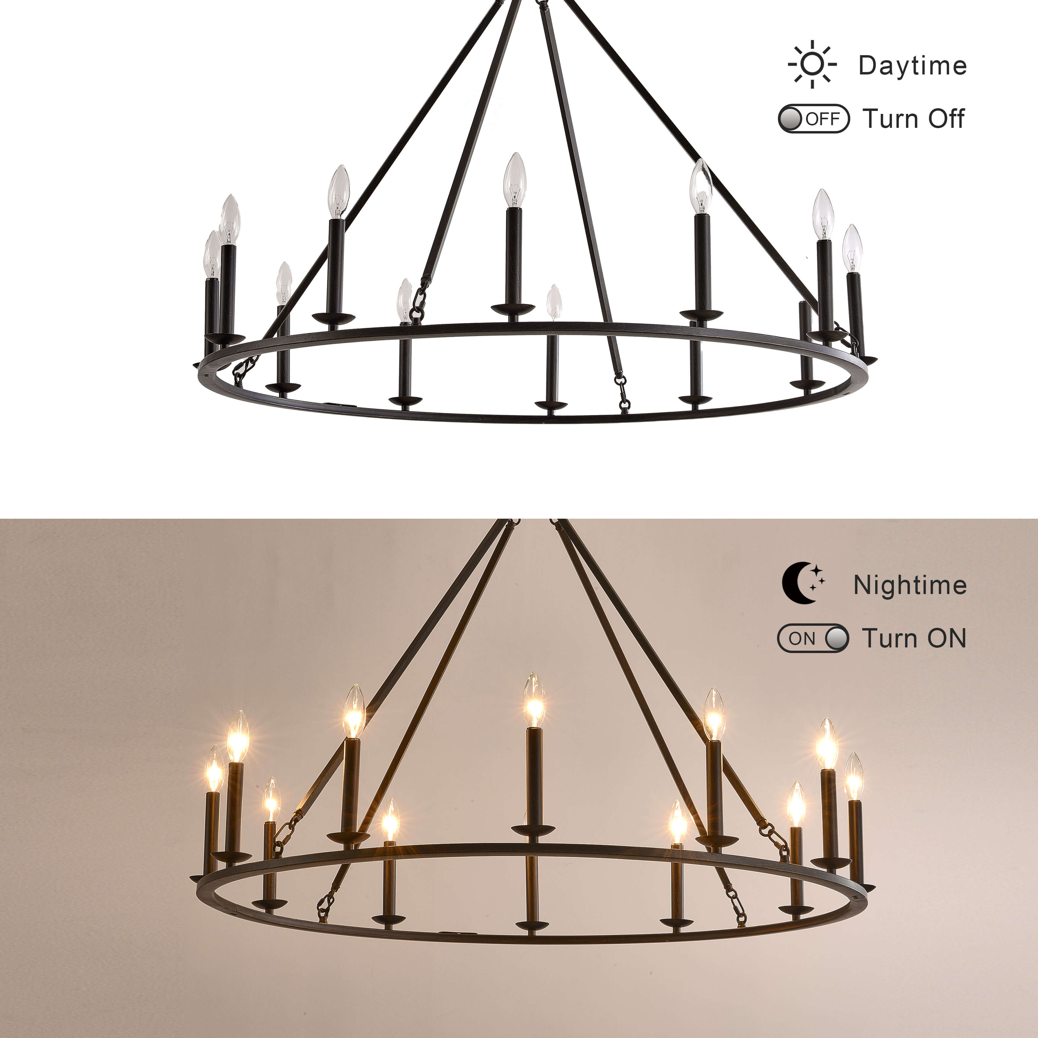 Eva 12-Light Antique Black Finish Metal Wagon Wheel Round Chandelier LJ-2347-WST