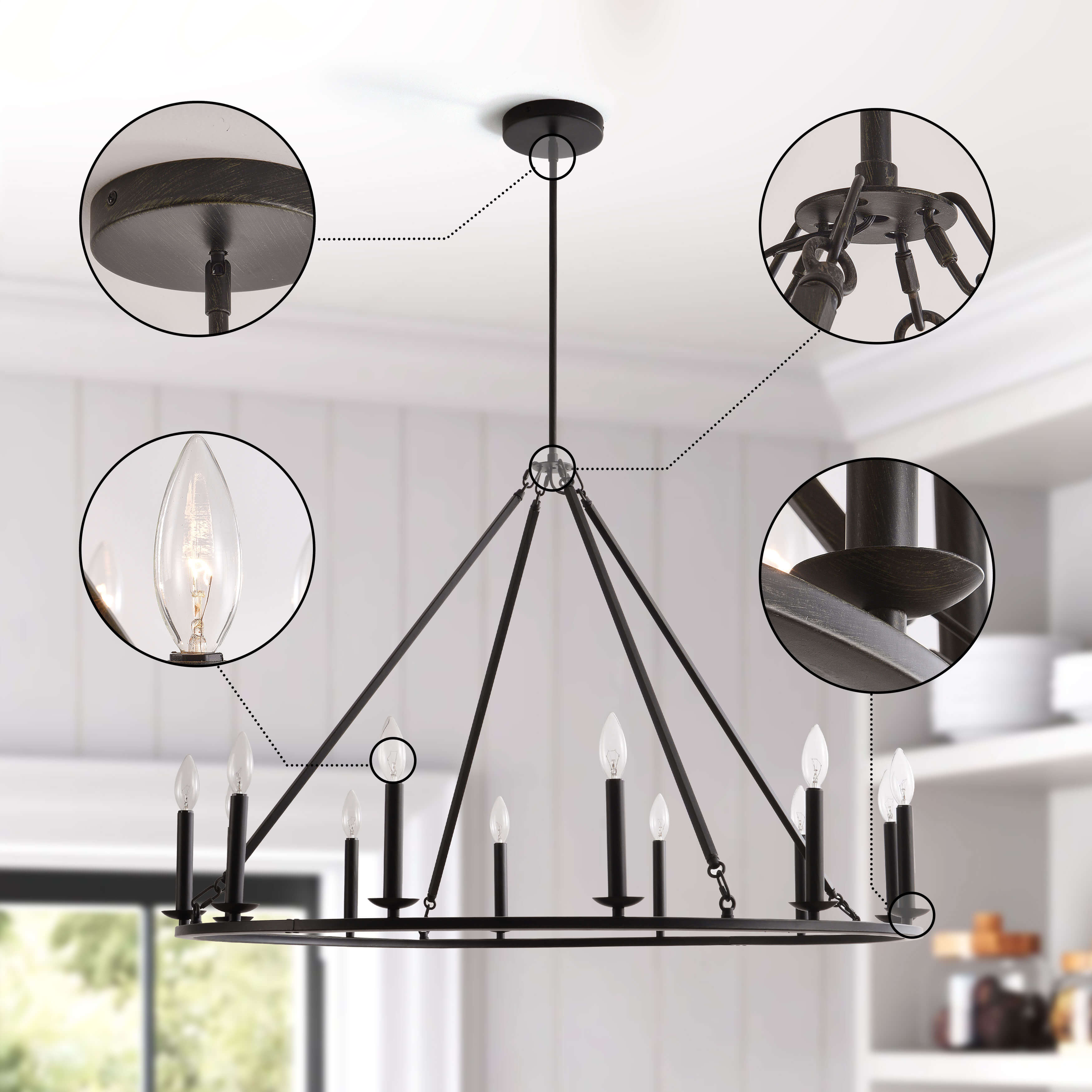 Eva 12-Light Antique Black Finish Metal Wagon Wheel Round Chandelier LJ-2347-WST