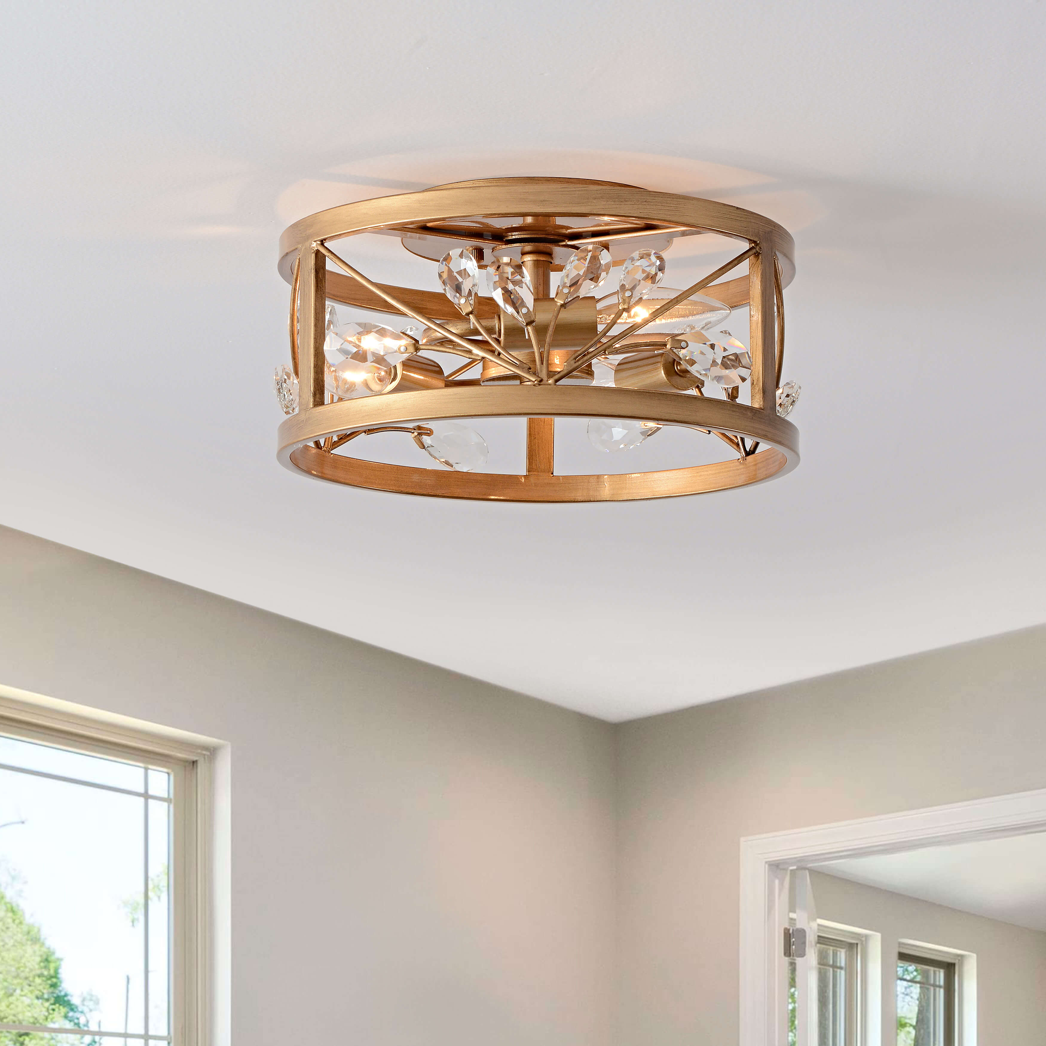 Adela 3-Light Metal Cage Drum Flush Mount - Brushed Brass LJ-2517-PGTD Adela 3-Light Metal Cage Drum Flush Mount - Brushed Brass LJ-2517-PGTD