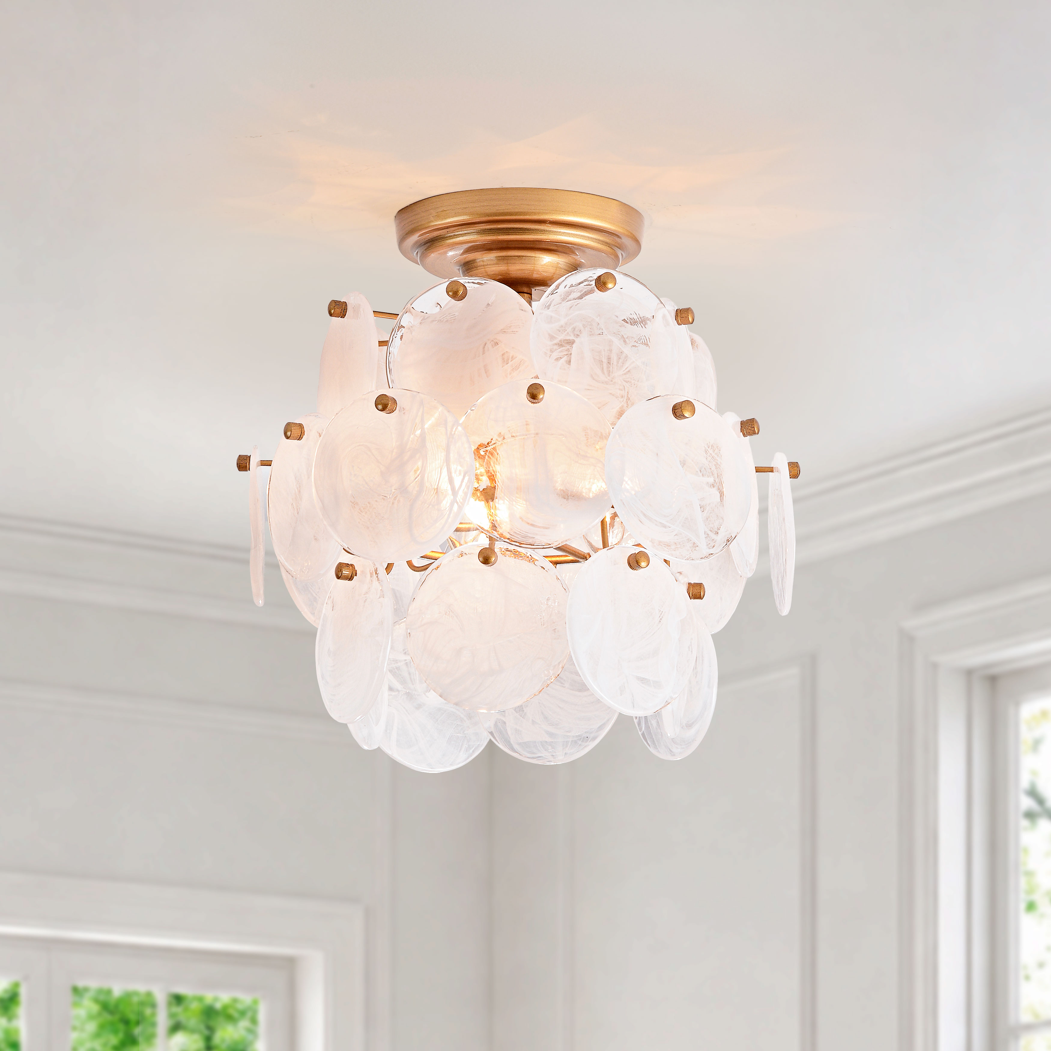 Jojospring Sabina Modern 3-Light 13.5" Brushed Brass Cloud Glass Disc Flush Mount LJ-2721-PHHY Jojospring Sabina Modern 3-Light 13.5" Brushed Brass Cloud Glass Disc Flush Mount LJ-2721-PHHY