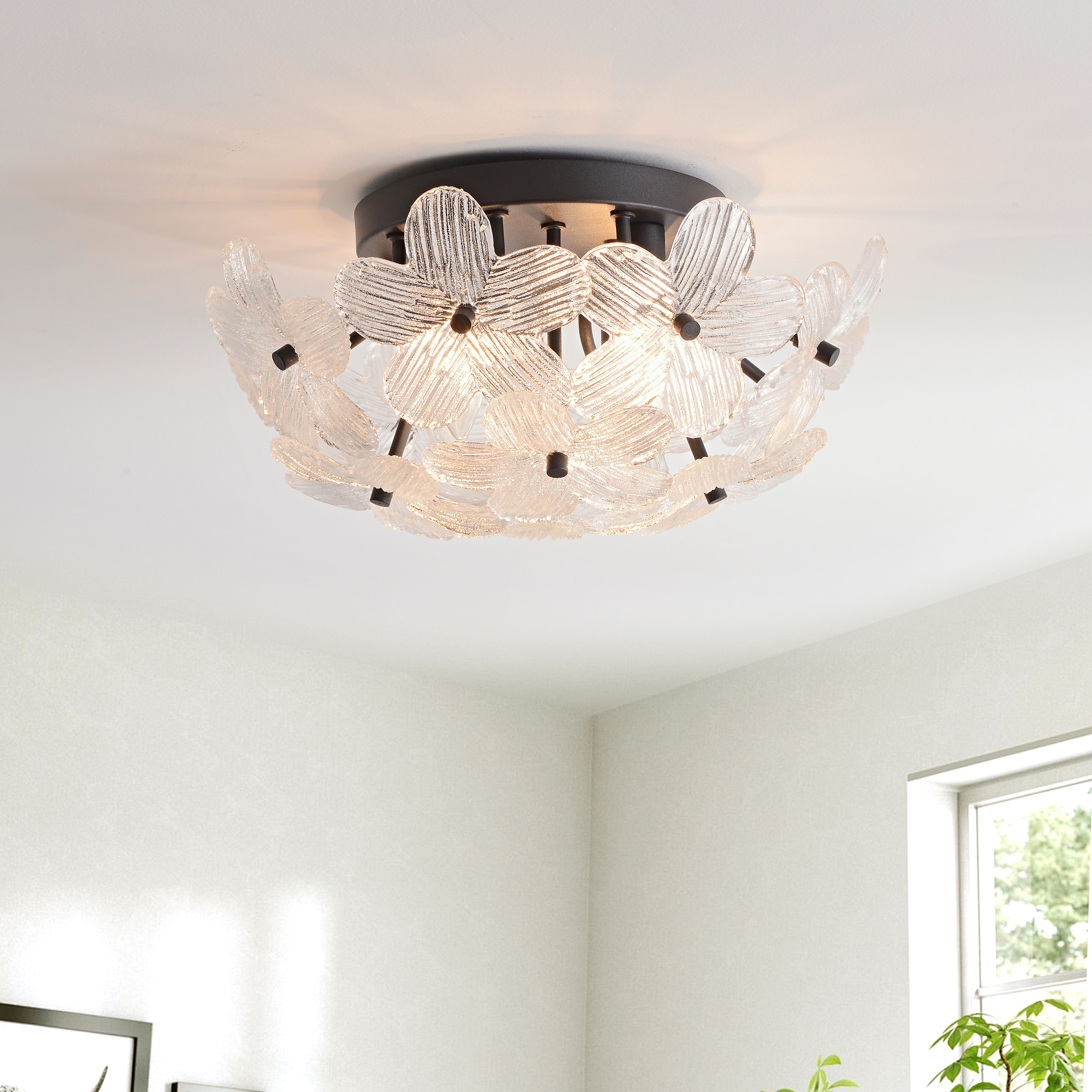 Frieda Modern 3-Light 16" Clear Glass Flower Flush Mount - Black LJ-2925-JXLK Frieda Modern 3-Light 16" Clear Glass Flower Flush Mount - Black LJ-2925-JXLK