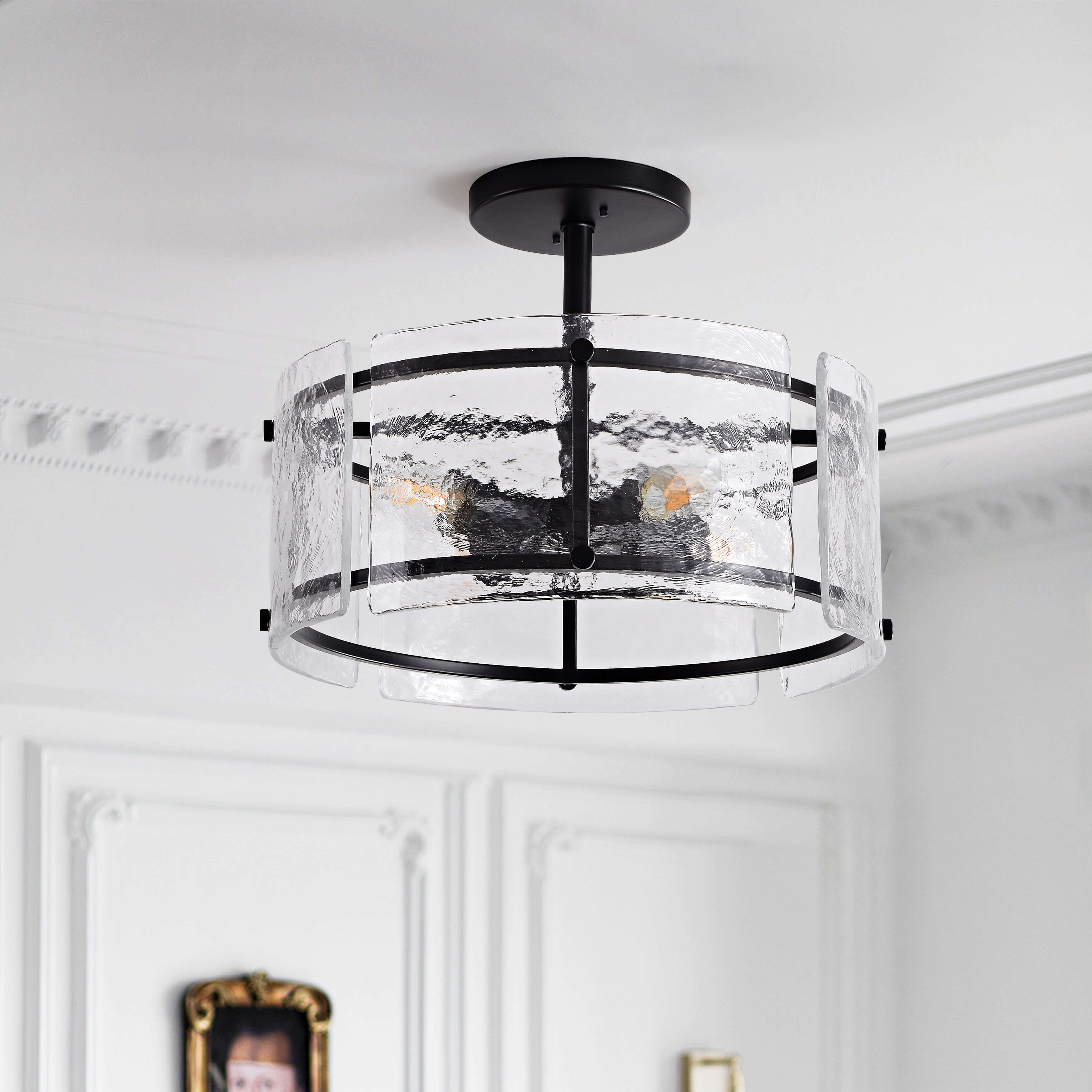 Laia Black 4-Light Water Textured Glass Drum Flush Mount LJ-3075-FMC